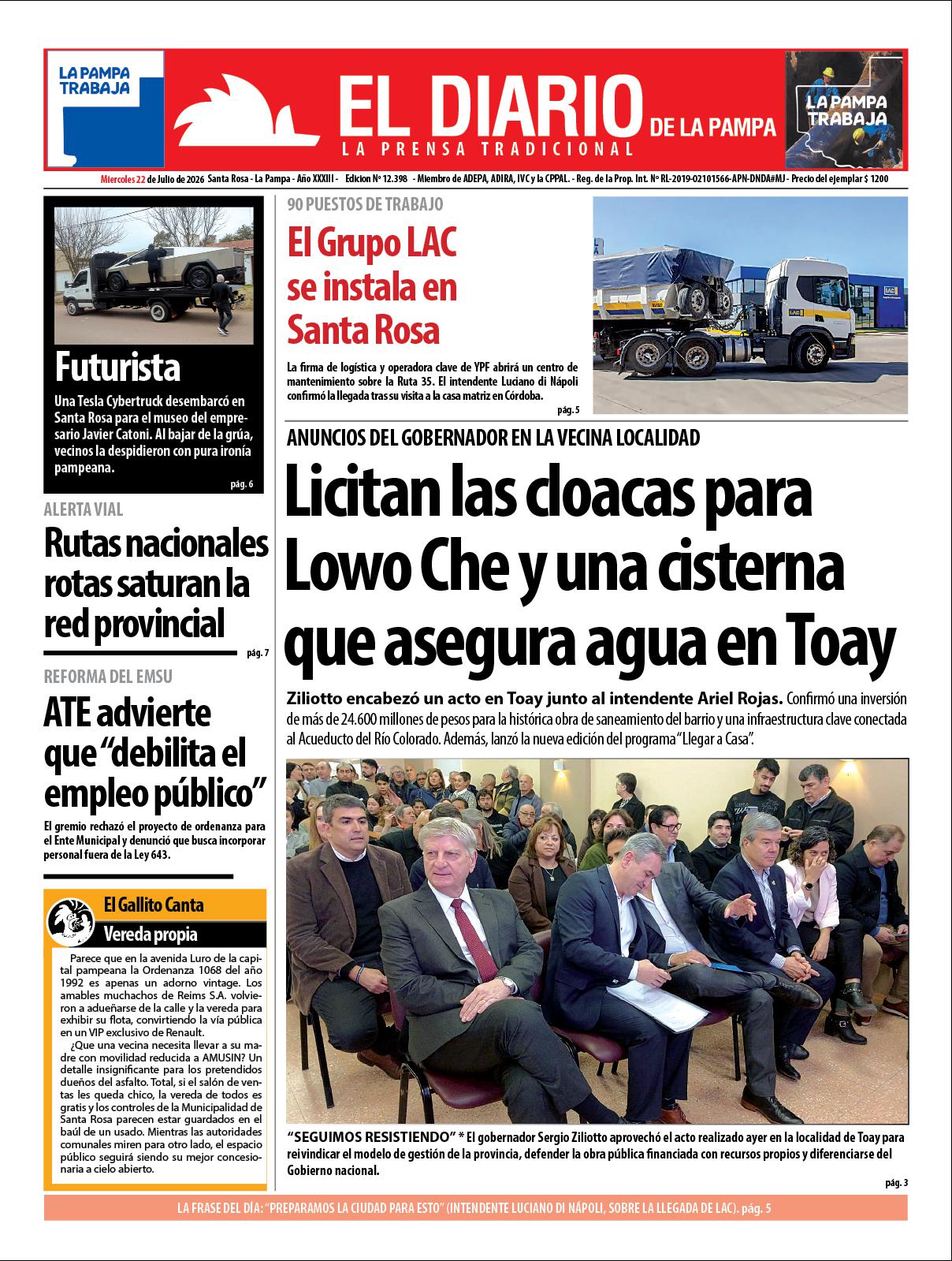 Tapa de El Diario en papel  mieacutercoles 22 de julio de 2026